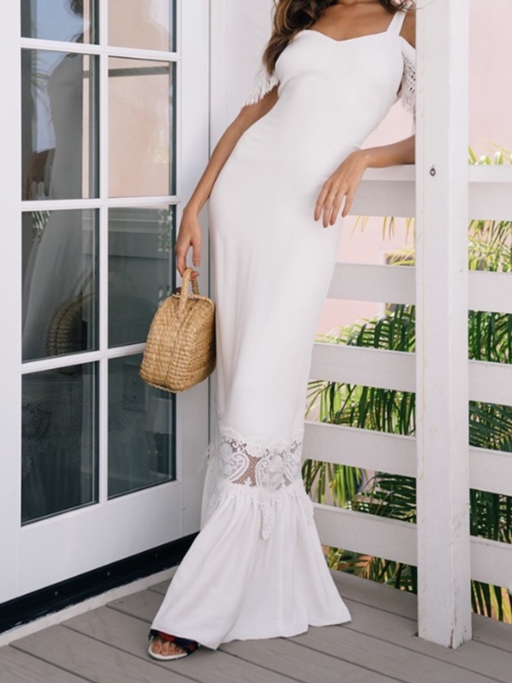 Stone Cold Fox White Hampton Gown – Off-the-Shoulder Lace Maxi – Size XS